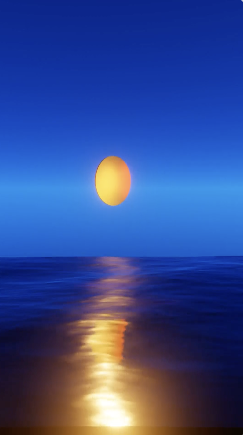 Bright yellow sun setting over calm dark blue ocean with its reflection on the water.