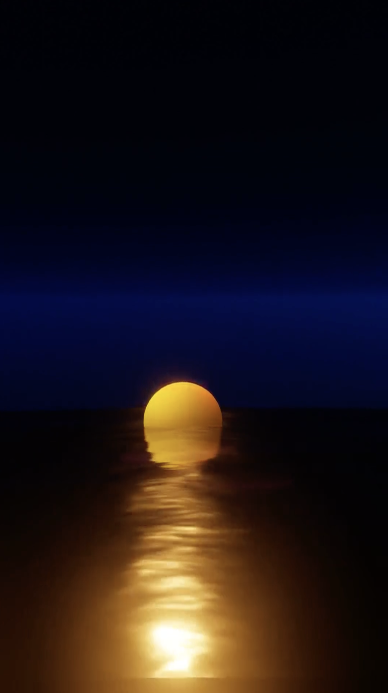 Bright yellow sun setting over dark water reflecting its golden light under a twilight sky.