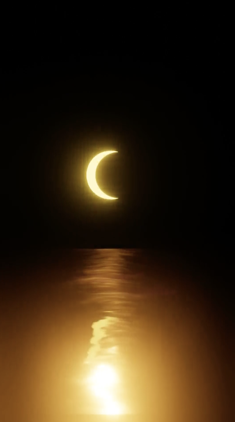 Glowing crescent moon with its golden reflection on calm water at night.