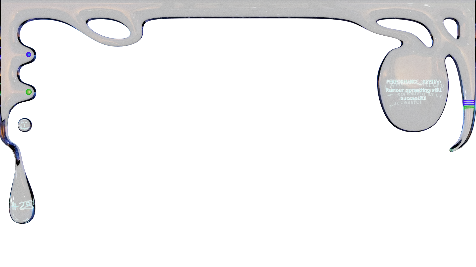 Dark fluid flow with glowing blue-green dots and text reading Performance Review and Rumours spreading still successful.