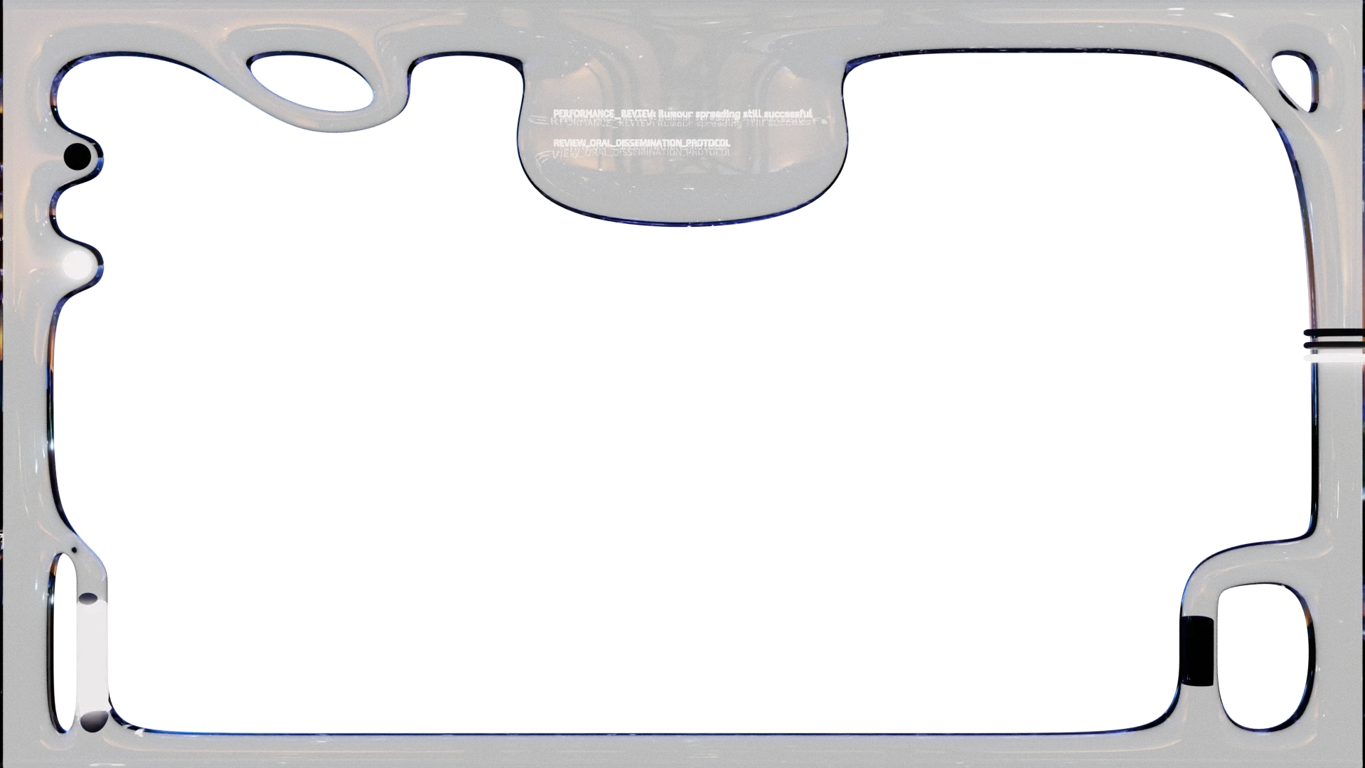 Dark metallic frame with a distorted oval shape inside showing faint white text on black background.