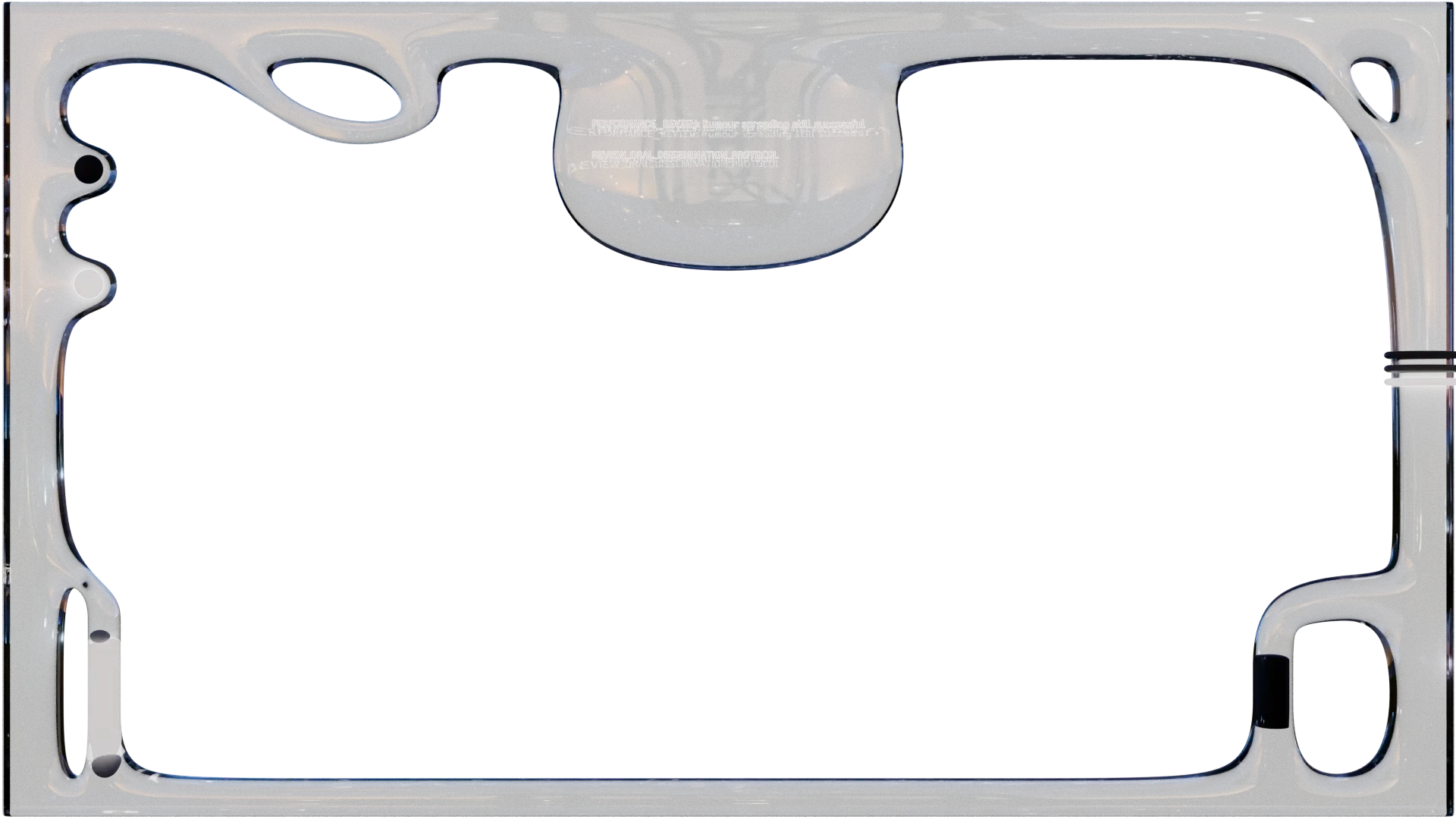 Glossy black futuristic rectangular frame with rounded corners and cutouts on a black background.