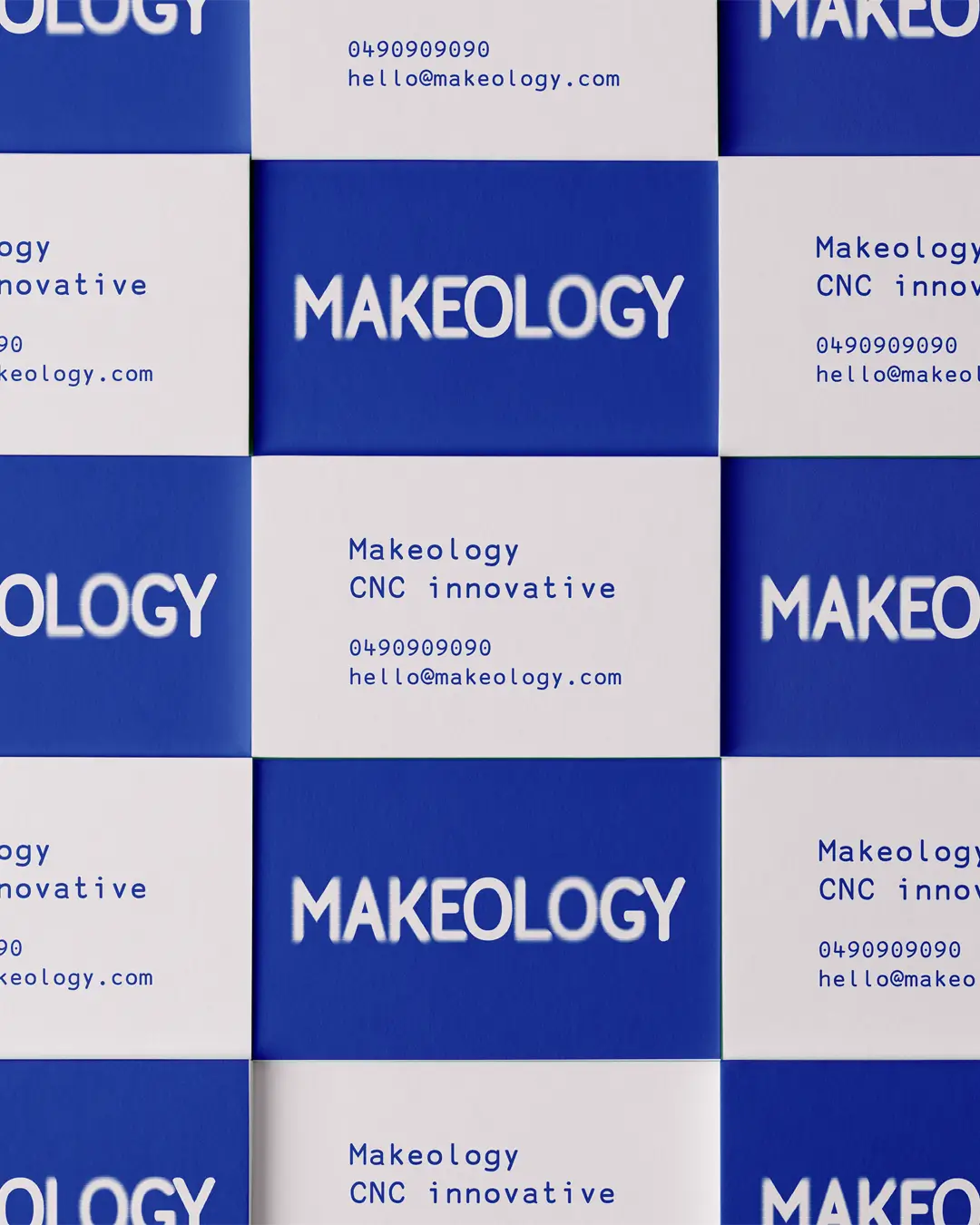 Grid of blue and white cards with 'MAKEOLOGY' text and contact info on innovative CNC services.
