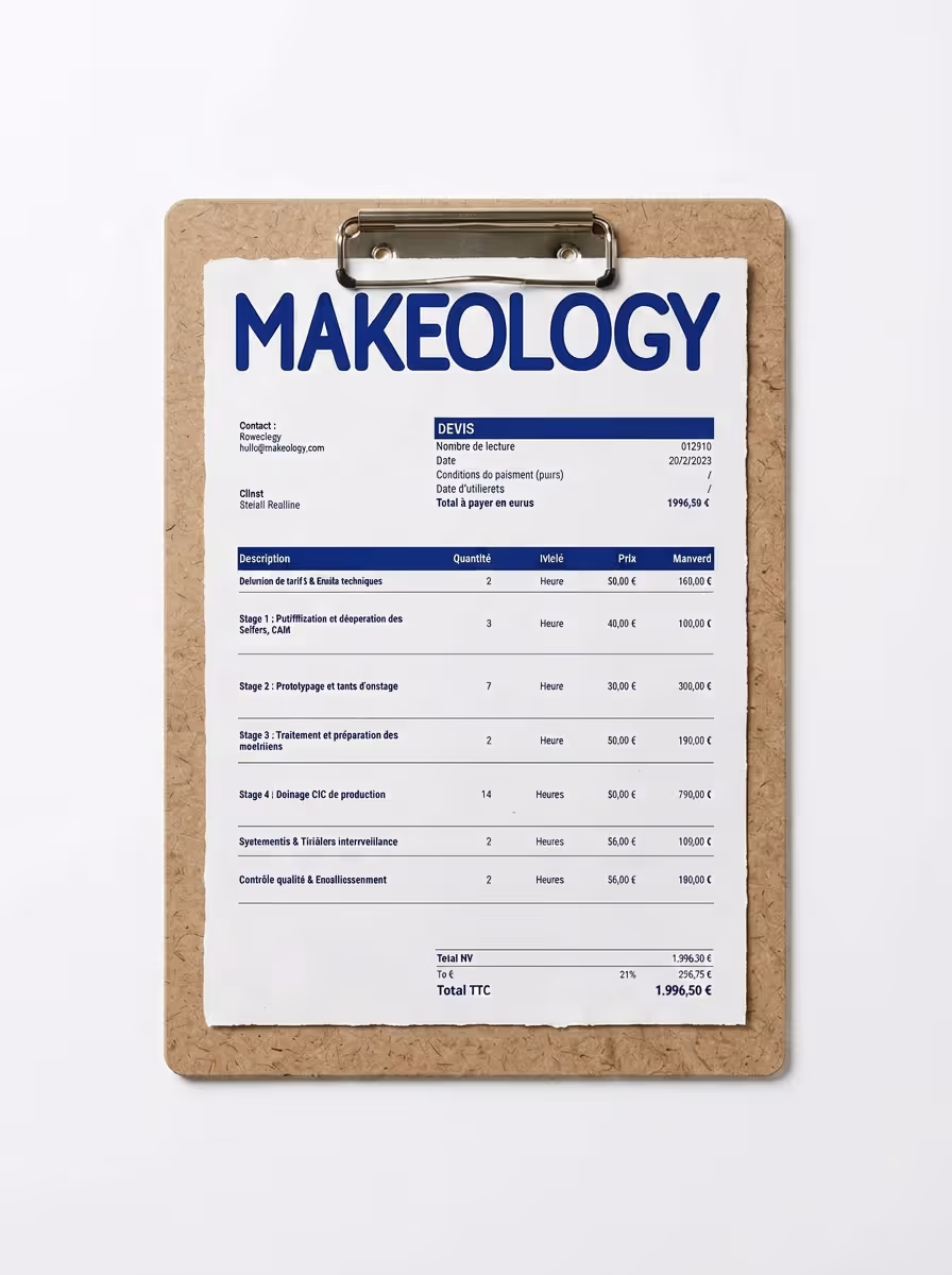 Clipboard holding a Makeology branded invoice with itemized stages and pricing in euros.