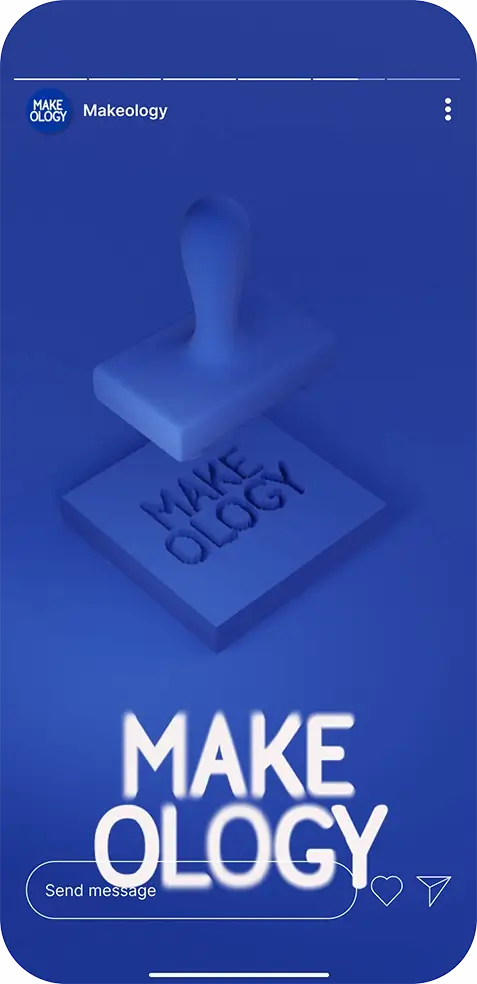 Blue 3D stamp hovering above an embossed block with the word Makeology.