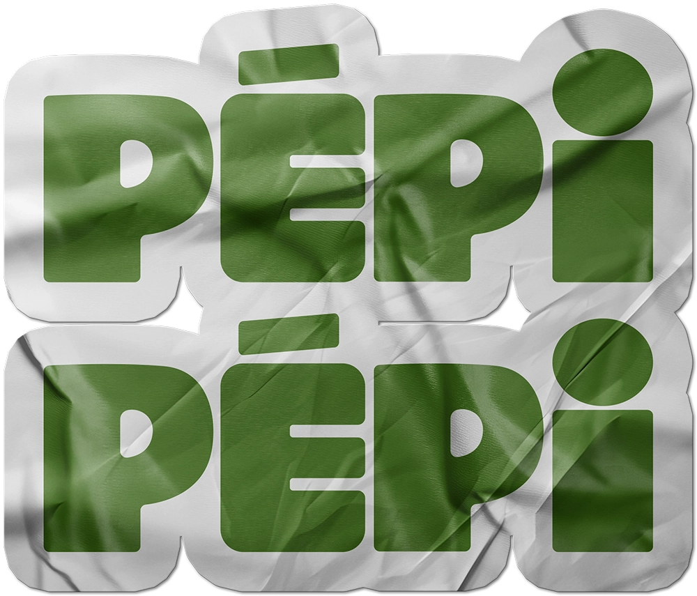 Sticker with the word PÉPI in bold green letters on a white wrinkled background, repeated twice.