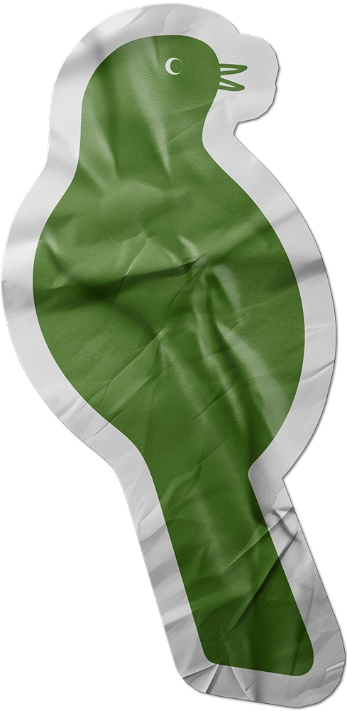 Green bird-shaped balloon with a white outline and visible creases on its surface.