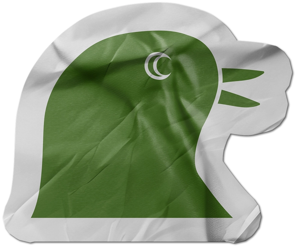 Green stylized bird head with a curved white eye on a wrinkled white background.