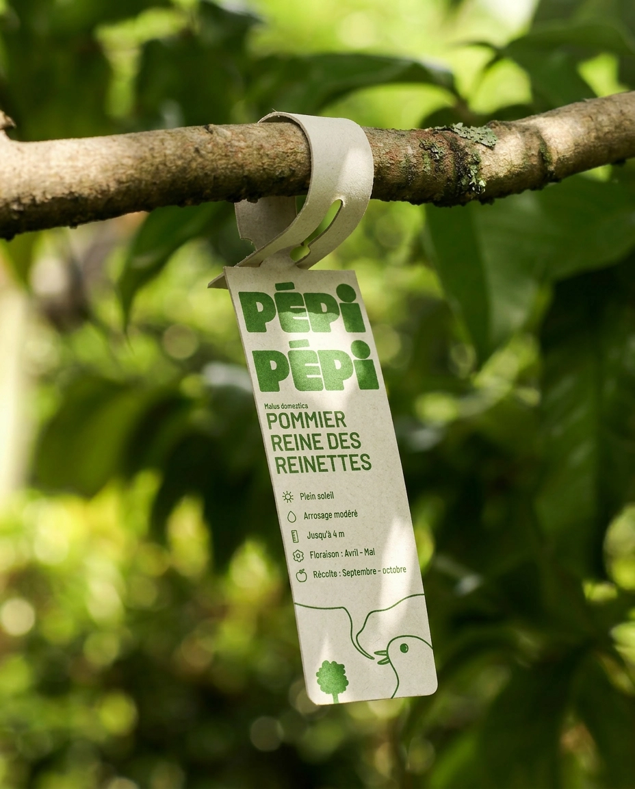 Tag labeled Pépi Pépi with apple tree care instructions hanging on a tree branch.