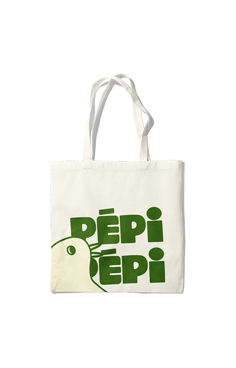 Beige tote bag with green stylized bird and text 'DÉPI ÉPI' on front.