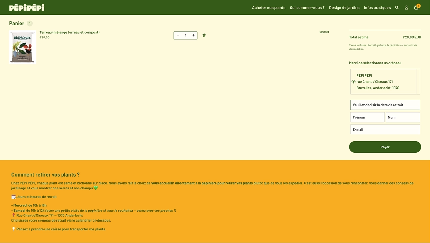 Online shopping cart page showing soil mix item priced at €20 with checkout form and plant pickup instructions.