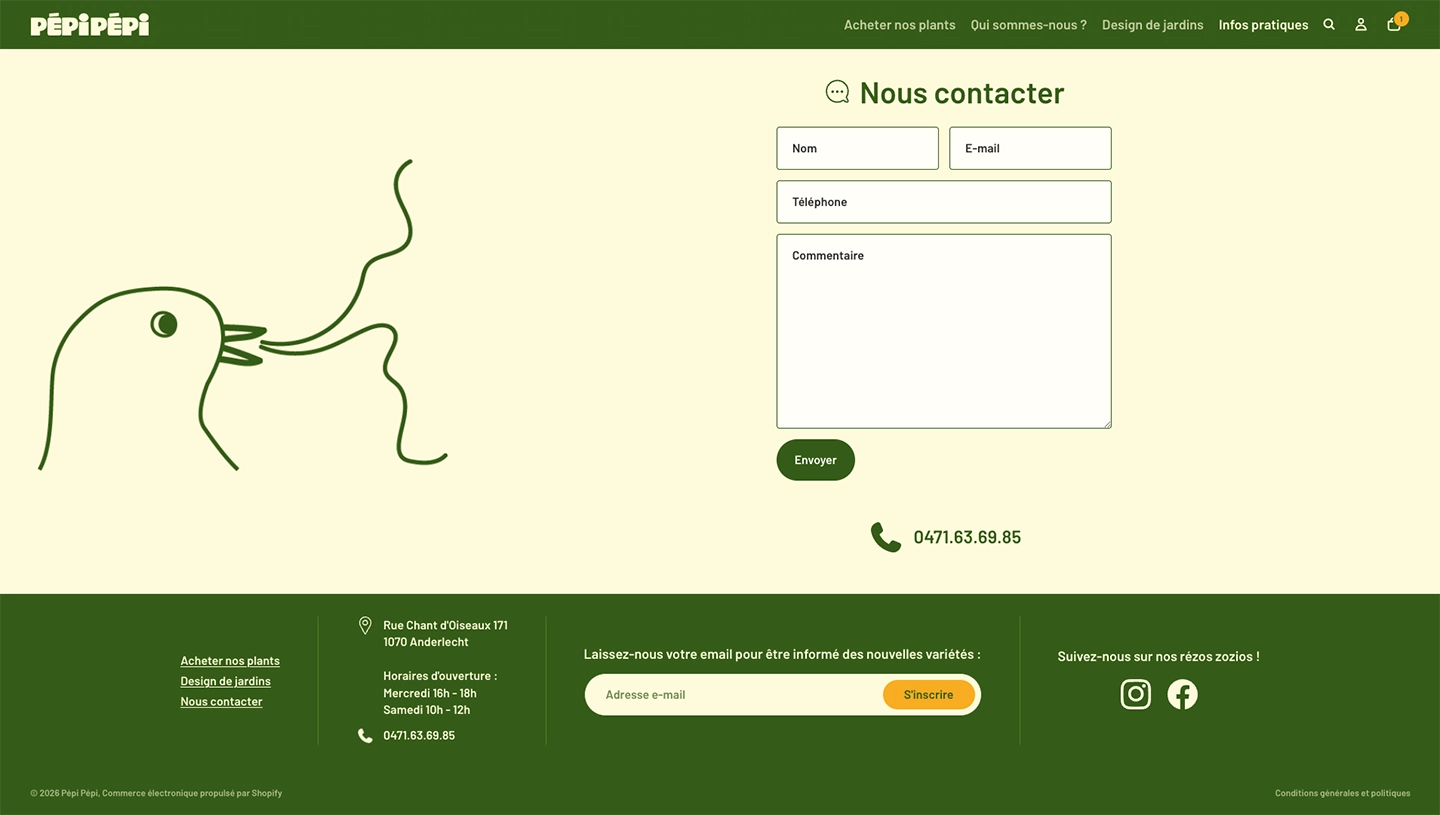 Contact form with fields for name, email, phone, comment, and a stylized bird illustration on left.