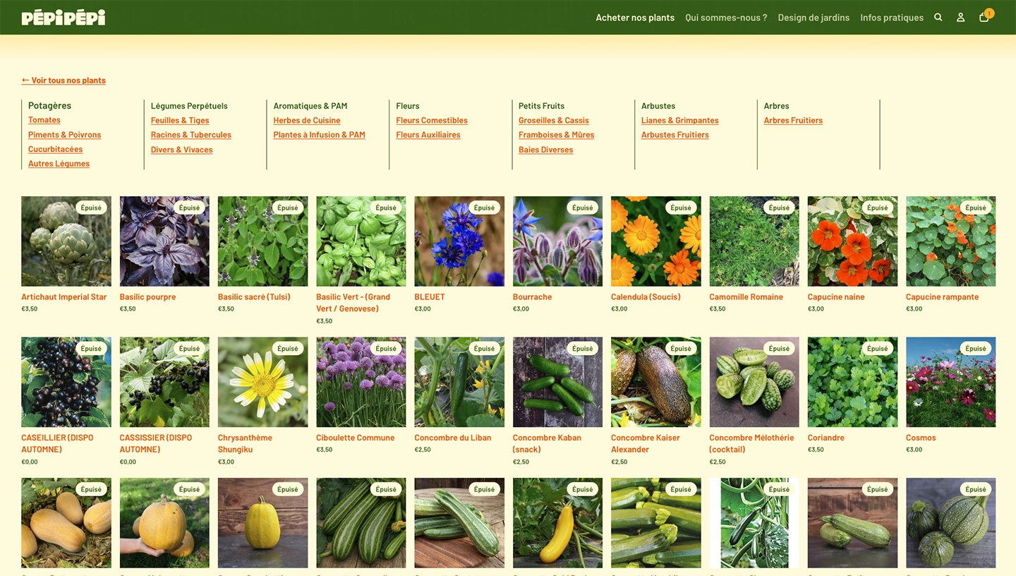 Online plant shop page showing various herbs, vegetables, fruits, and flowers with prices and availability.