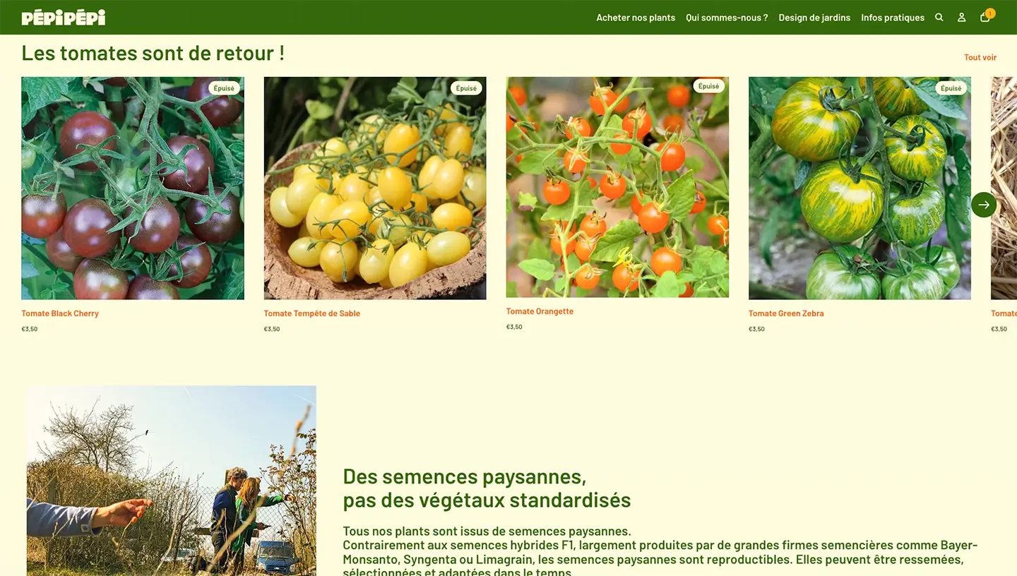 Webpage showing various tomato varieties with images and prices under the headline 'Les tomates sont de retour!'