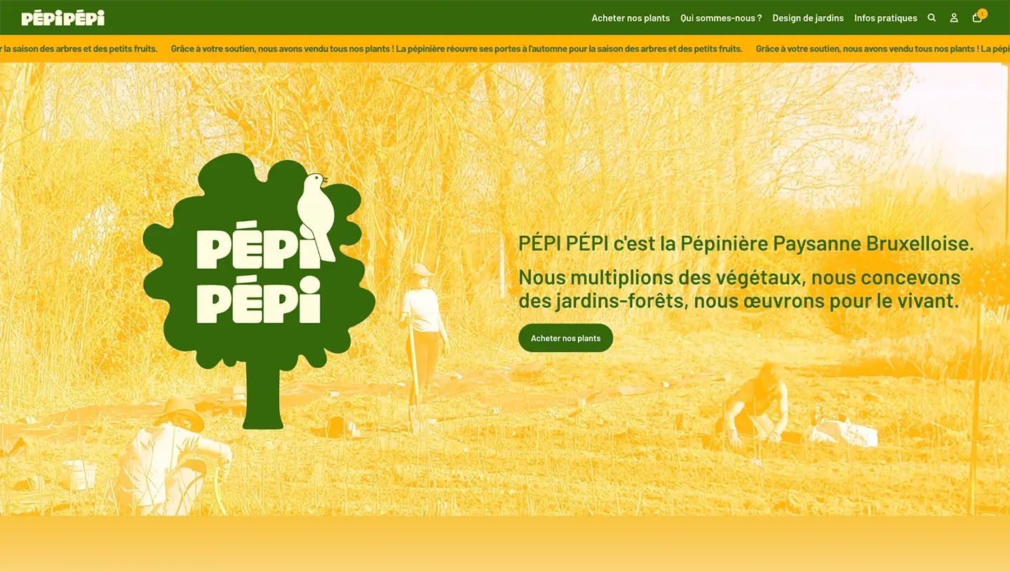 Farmers working in a field with Pepi Pepi tree logo and text about their plant nursery services.